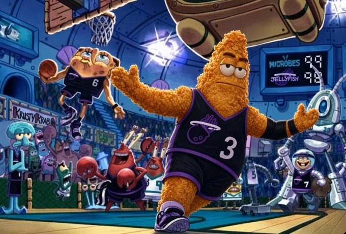 A vibrant illustration depicting a basketball game scene featuring anthropomorphic food characters, prominently showing a fried chicken nugget wearing a purple jersey with the number 3, alongside a pickle character jumping toward the hoop.