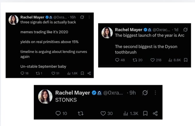 Three tweets from Rachel Mayer (@Oxra) discussing financial topics: three signals markets are back ('memes trading like it's 2020', 'yields on real primitives above 15%', 'Un-stable September baby'), the Arc and Dyson toothbrush launches, and simply 'STONKS'.