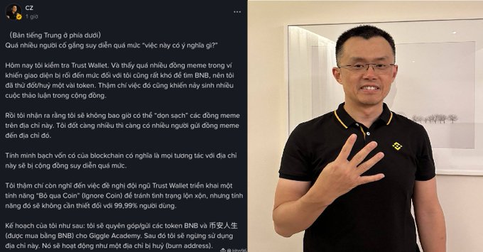A Vietnamese Facebook post by CZ advising users about Trust Wallet, BNB token claims, and warning about suspicious meme promotions on BNB Chain.