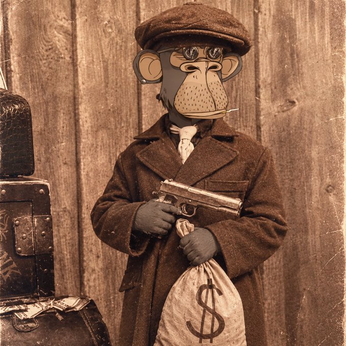 A sepia-toned stylized portrait of an anthropomorphic monkey dressed as a 1920s gangster, wearing a flat cap and overcoat, holding a Tommy gun and a money bag with a dollar sign.