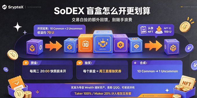 A promotional infographic from Scryptex titled "SoDEX 盲盒怎么开更划算" (How to Open SoDEX Blind Boxes More Cost-Effectively), showcasing a results breakdown of 10 Common and 2 Uncommon boxes opened for 70U, with an NFT avatar worth 100U, alongside tips on claiming rewards every Tuesday, live draws every Wednesday, and synthesizing 10 Commons into 1 Uncommon—visually reinforcing the post's claim of saving up boxes for a bulk, cost-efficient opening that yielded an avatar bonus.