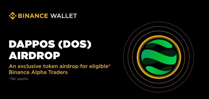 The image is a Binance Wallet promotional banner announcing the **DAPPOS (DOS) Airdrop**, an exclusive token distribution for eligible Binance Alpha Traders, featuring the green DOS logo with concentric yellow circles against a black background—directly supporting the post's confirmation of $DOS's August 10 listing on Binance Alpha.