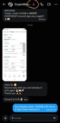 Screenshot of a chat in the Cryptohopper mobile app showing a message about degen mode being ON, celebrating crypto trading wins and listing successful runners like $HEI (+110%+), $BLESS (+347%), $TAKE (+240%), $KOMA (+369%), and $BTW.