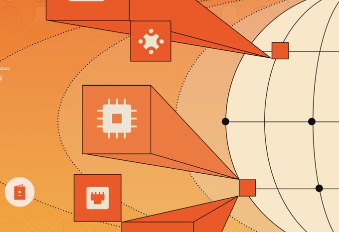 An orange and red digital graphic featuring icons for a microchip, computer hardware, and ethernet connection.