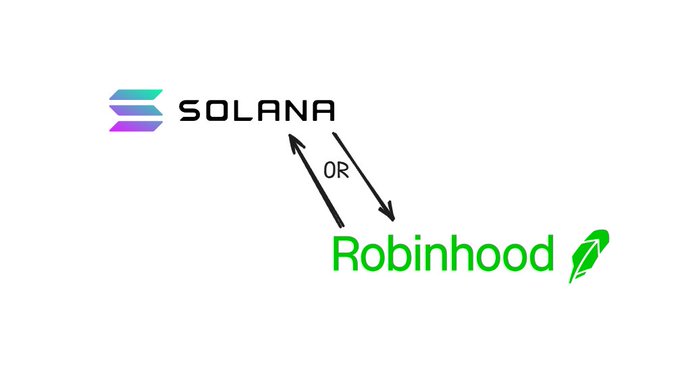 A simple graphic showing the logos of "SOLANA" and "Robinhood" with a double-ended arrow and the word "OR" between them, suggesting a transfer or relationship between the two platforms.