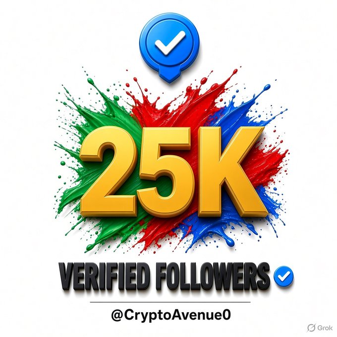 A graphic displaying '25K VERIFIED FOLLOWERS' for the handle '@CryptoAvenue0' featuring a blue verified checkmark icon and vibrant paint splatters.