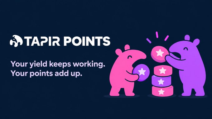 A promotional graphic for "TAPIR POINTS" with the tagline "Your yield keeps working. Your points add up," featuring cartoon tapirs stacking colorful star tokens.