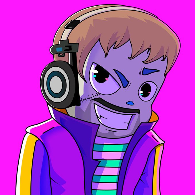 A vibrant digital illustration of a purple-skinned anime character with stitched facial scars, wearing large black headphones and a colorful striped shirt under a blue and yellow jacket against a bright magenta background.
