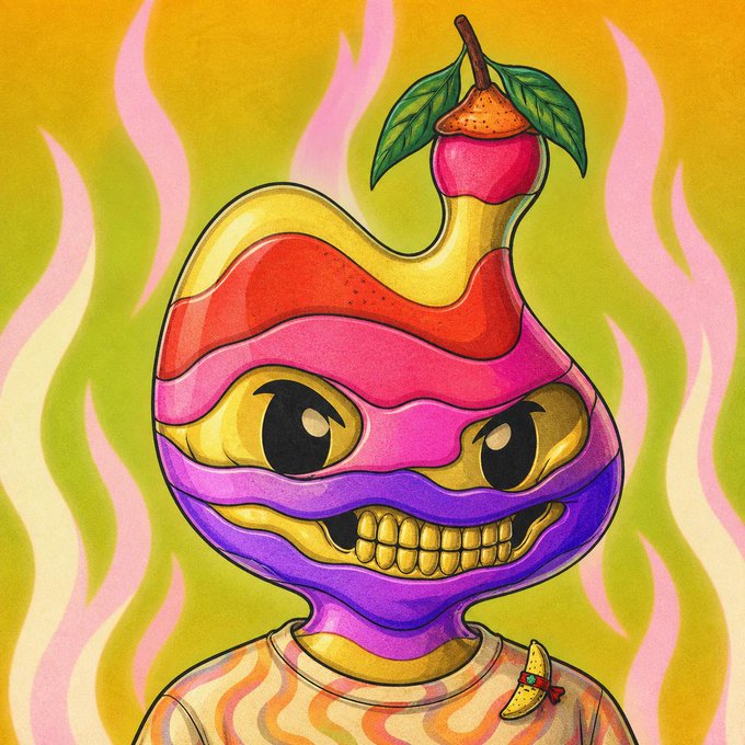 A vibrant, psychedelic illustration shows a stylized character with a swirled, flame-like body in bold pink, purple, and yellow stripes, featuring menacing cartoon eyes, a wide toothy grin, and a cherry-like fruit with leaves perched atop its head. The fiery, chaotic aesthetic of the artwork visually echoes the "$CHAOS" presale theme mentioned in the post, reinforcing the wild, untamed energy associated with the token.