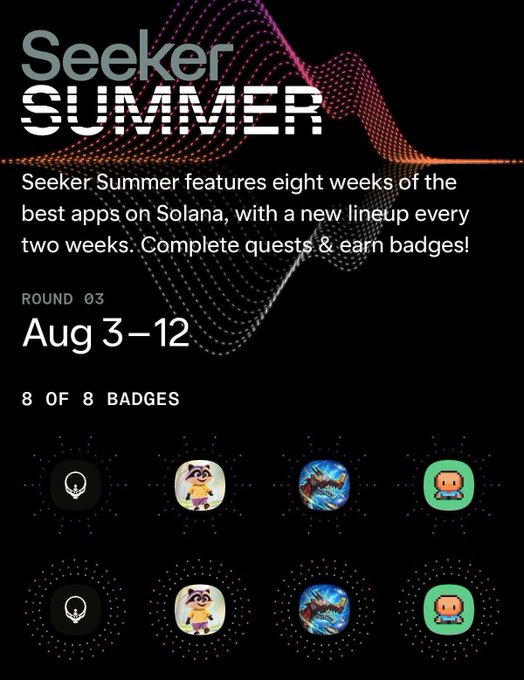 A promotional graphic for 'Seeker Summer' featuring eight weeks of Solana apps with a Round 03 from Aug 3-12, displaying 8 of 8 badges including character icons.