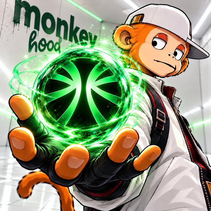 an illustrated monkey character in a white cap and jacket holding a glowing green orb with a skull emblem, with text reading 'monkey hood' above.