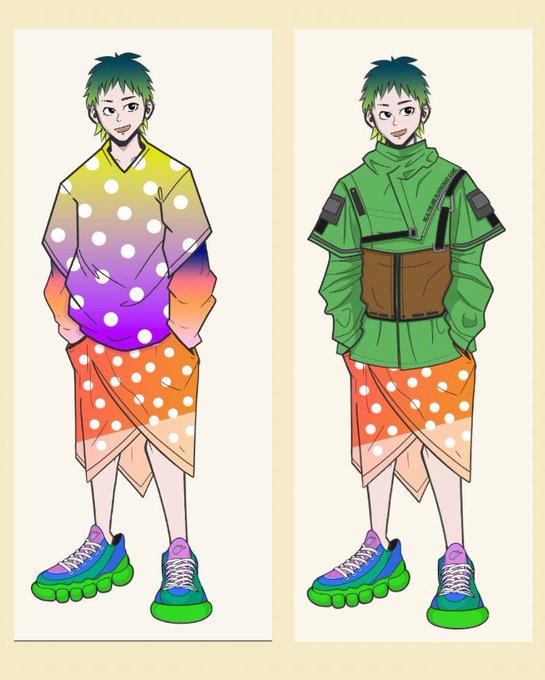 The image features two cartoon-style outfits, each with a different color scheme. One outfit has a yellow polka dot shirt paired with orange shorts, while the other outfit consists of green pants and an orange skirt. The outfits are displayed side by side on a white background, making it easy to compare their colors and styles.