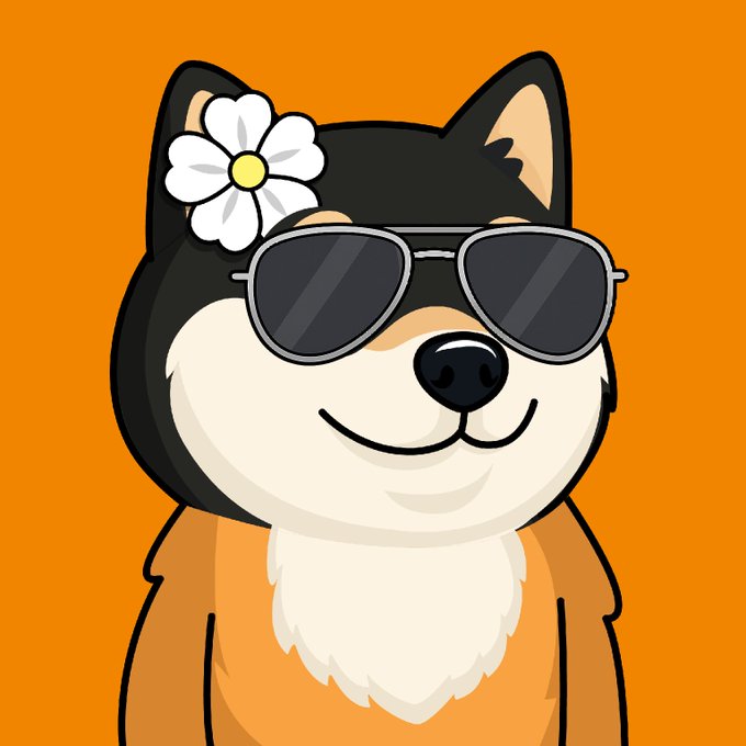 A cute cartoon Shiba Inu dog with black and tan fur wears oversized aviator sunglasses and a white daisy flower behind its ear against an orange background, giving off a cool, confident vibe that complements the bullish "$MANYU spot" crypto post.