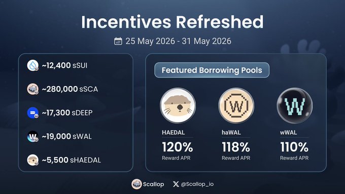The image shows a screenshot of a website displaying information about incentives for users who participate in a Scallop rewards program. The main focus of the image is a table that provides details about the different incentive programs available, such as Borrowing Pool, sSUI Incentives, sDEEP Incentives, and sWAL Incentives. These programs offer various benefits to users who engage in them, including reward points, interest rates, and other financial advantages. The image also includes a caption that reads "Incentives Refreshed" and provides the date of when these incentives were refreshed on the website.