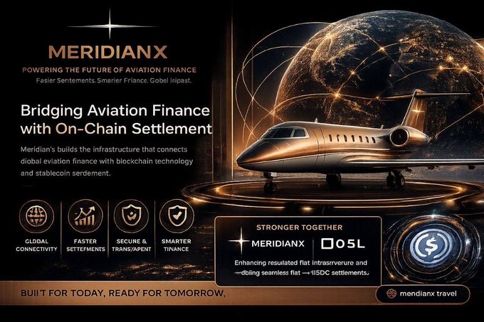A promotional banner for 'MERIDIANX' with the tagline 'POWERING THE FUTURE OF AVIATION FINANCE' and 'Bridging Aviation Finance with On-Chain Settlement', featuring a private jet and Earth, with a partnership with 'OSL' under 'STRONGER TOGETHER'.