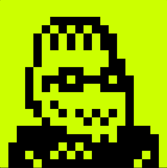 A pixelated, retro 8-bit style portrait of a figure wearing glasses against a bright yellow-green background, rendered in black silhouette.
