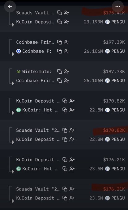 The image shows a list of cryptocurrency wallets or exchanges, including Coinbase Prime, KuCoin, Wintermute, and Squads Vault, displaying various PENGU token holdings ranging from 22.8M to 26.106M PENGU, valued between $170.82K and $197.73K. It appears to be a screenshot of institutional or large-holder PENGU distributions, contextualizing the poster's claim about holding a large bag of $PENGU amid a notable 30% pullback.