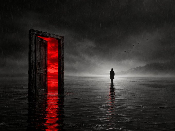 A surreal, dark scene features a lone silhouetted figure standing on a reflective surface facing a wooden door that opens to a glowing red sky.