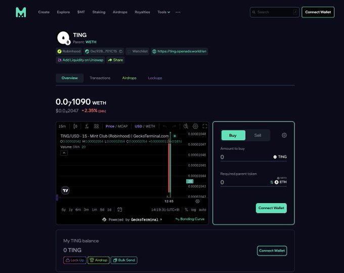 A screenshot of the TING token page on what appears to be a decentralized exchange platform, showing a price of 0.0₅1090 WETH ($0.0₅2047, -2.35% 24h) with a trading chart powered by GeckoTerminal, directly illustrating the post's mention of "powering the charts" on Mint Club DEX via GeckoTerminal.