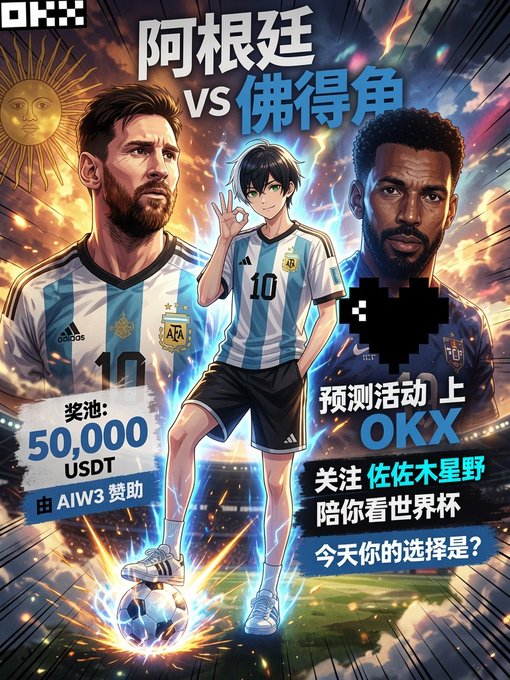 OKX promotional poster in Chinese for an Argentina vs Cape Verde World Cup prediction event, featuring illustrated soccer players (including Messi), anime-style character, prize pool of 50,000 USDT sponsored by AIW3.