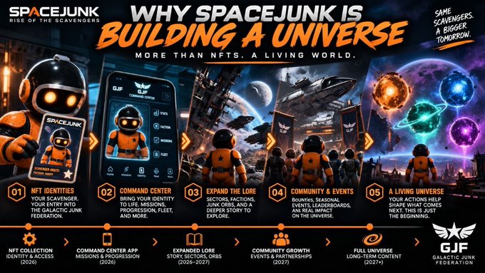 Promotional infographic for 'SPACEJUNK RISE OF THE SCAVENGERS' titled 'WHY SPACEJUNK IS BUILDING A UNIVERSE - MORE THAN NFTS, A LIVING WORLD,' showcasing five roadmap phases from NFT Collection (2026) to A Living Universe (2027+).
