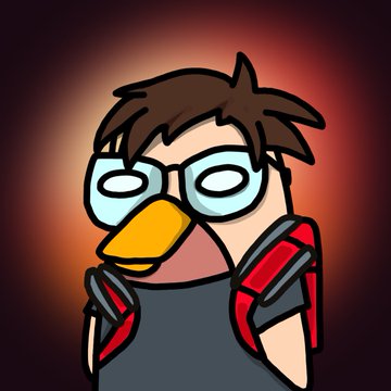 A cartoon avatar of a person with brown hair, round blue glasses, a yellow beak-like nose, and a red and black jacket set against a dark background.