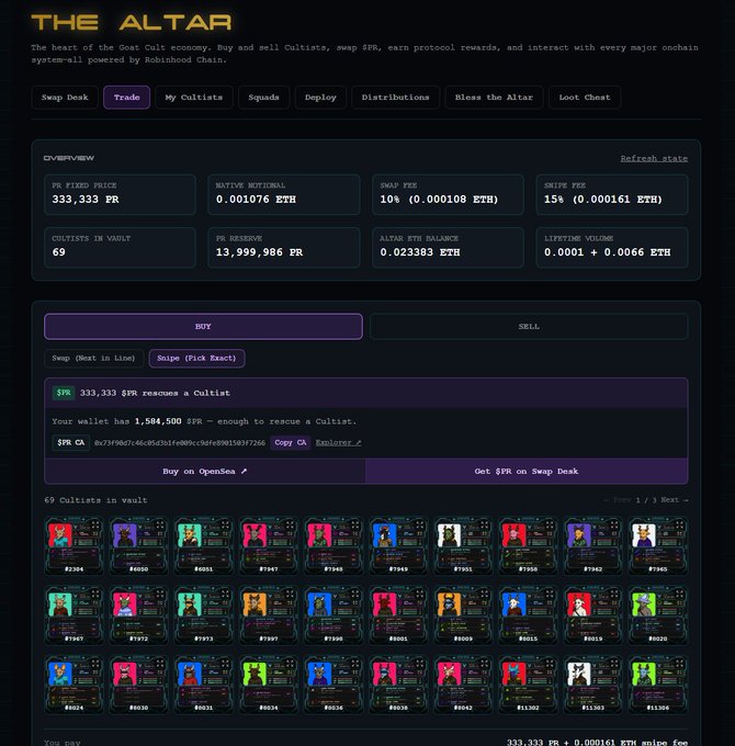 A dark-themed cryptocurrency trading dashboard titled 'THE ALTAR' for Goat Cult, showing PR price at 333.333, native ratio of 0.001076 ETH, and a vault containing 69 Cultists with various price listings.