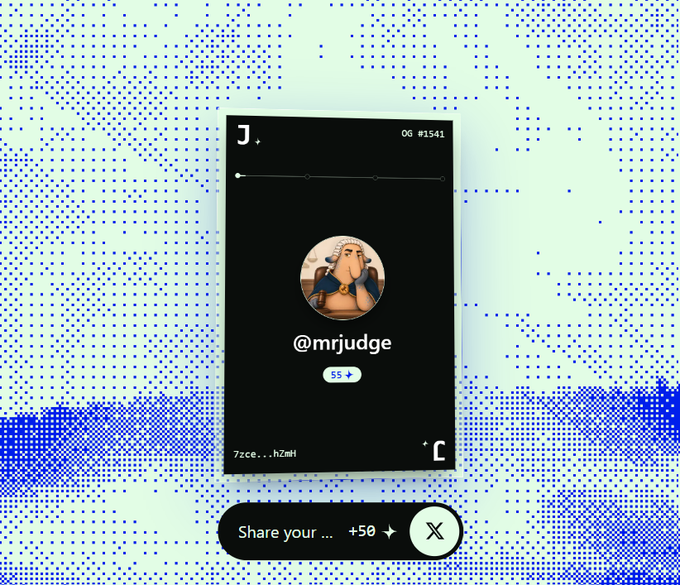 A stylized mobile interface mockup shows a profile for @mrjudge with a Judge Dredd avatar, displayed against a blue halftone background with a 'Share your... +50' button at the bottom.