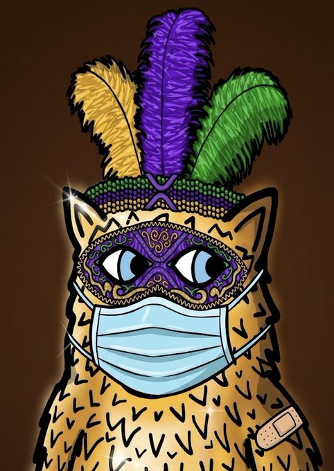 A colorful illustration of a tan cat wearing a Mardi Gras-style masquerade mask in purple and gold, with purple, green, and gold feathers on its head, and a blue surgical face mask.