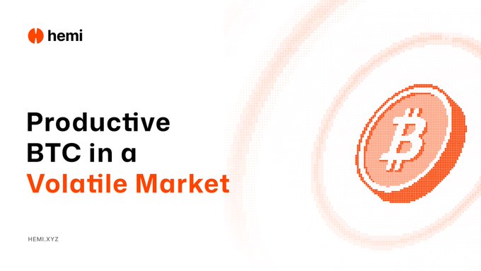 A promotional graphic for 'hemi' cryptocurrency with text 'Productive BTC in a Volatile Market' and HEMI.XYZ, featuring an orange Bitcoin 'B' logo inside a glowing coin.