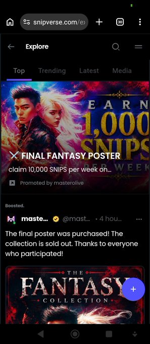 A mobile browser screenshot of snipverse.com showing an Explore feed with a promoted 'FINAL FANTASY POSTER' advertising 10,000 SNIPS per week, with a boosted post confirming the collection sold out.