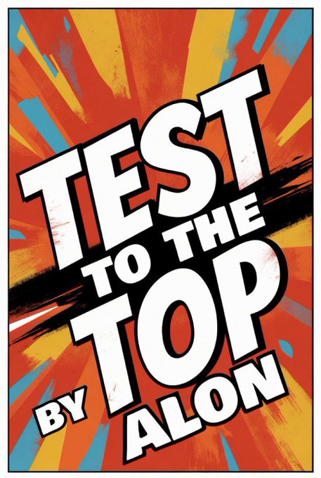 A poster for "Test to the Top" by Alon features a vibrant orange and yellow background with black text, accompanied by a red and blue explosion graphic.
