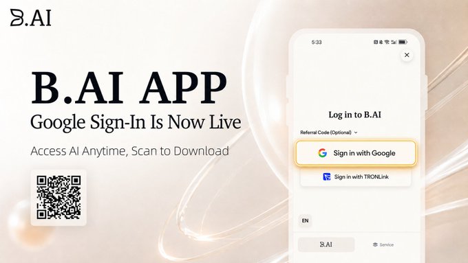 Promotional graphic for the B.AI App announcing that 'Google Sign-In Is Now Live' with the tagline 'Access AI Anytime, Scan to Download,' featuring a QR code and a screenshot of the app's login screen with options to 'Sign in with Google' and 'Sign in with TRONLink'.