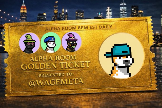 A digital 'ALPHA ROOM GOLDEN TICKET' presented to @WAGEMETA featuring pixel art avatar characters, set against a nighttime city skyline backdrop.