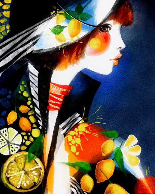 A colorful digital painting of a woman in profile wearing a hat, surrounded by vibrant lemons, oranges, and green leaves against a dark blue background.