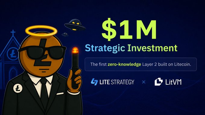 The image features a cartoon character dressed as a businessman, holding a gun and wearing sunglasses while standing against a blue background. The text at the bottom of the image reads "Now this is what true alignment looks like. LiteStrategy isn't just accumulating Litecoin. They're investing in the infrastructure being built around it. LitVM's mission has always been simple: expand what’s possible with hard money. LitVM".