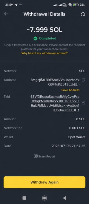 A Binance withdrawal confirmation showing 8 SOL successfully sent to wallet address starting with "8MgchStLB9ESrucWpLbqzhKYxQSFts8j25T2czbELn" from the Spot Wallet. The screenshot serves as proof to verify the giveaway claim that 8 SOL was transferred to user @jaweria_91.