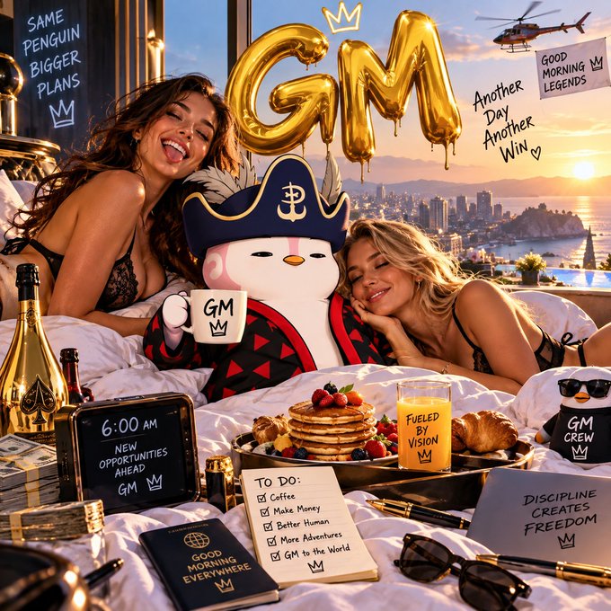 A surreal, AI-generated scene featuring a woman and a cartoon penguin wearing a pirate hat with a 'GM' mug, on a luxurious bed with 'GM' balloons, a 'TO DO: Coffee, Make Money, Better Human, More Adventures, GM to the World' list, a '6:00 AM NEW OPPORTUNITIES AHEAD GM' clock, and various motivational notes about 'Good Morning Legends'.