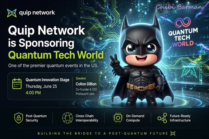 The image features a cartoon character, specifically a Batman figure, standing against a black background with a white border. The character appears to be holding up two peace signs while wearing his iconic black suit and cape. In the top left corner of the image, there is text that reads "Quip Network is Sponsoring Quantum Tech World". This suggests that Quip network has decided to invest in or support an event related to quantum computing technology. The character's presence in this context indicates a connection between the Quip network and the Quantum tech world, possibly as part of a promotional campaign or partnership.