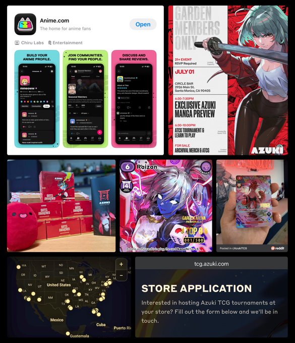 A collage of quick Azuki updates featuring the Anime.com iOS app launch, Azuki TCG merchandise preview, a July 1 holder event at Circle Bar (6:30-7:30PM and 6:30-10:00PM), Raizan TCG tournament cards, and the live ATCG store locator map with 40+ locations and store application portal at tcg.azuki.com.