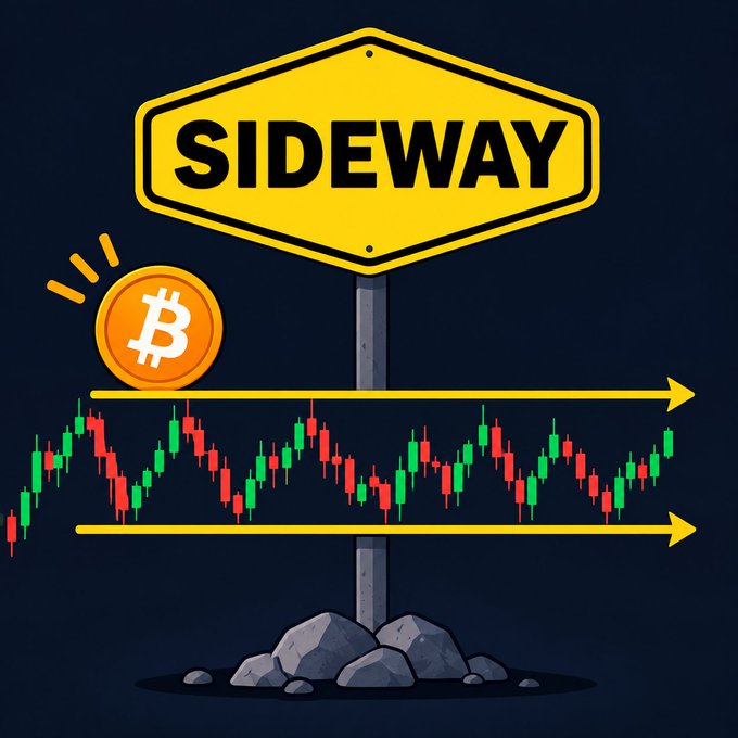 A cartoon-style graphic showing a yellow 'SIDEWAY' warning sign above a Bitcoin logo and a candlestick chart pattern oscillating between two horizontal arrows, illustrating sideways market movement.