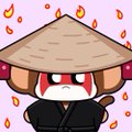 A small emoji-style illustration of a samurai figure wearing a straw hat with flames in the background.