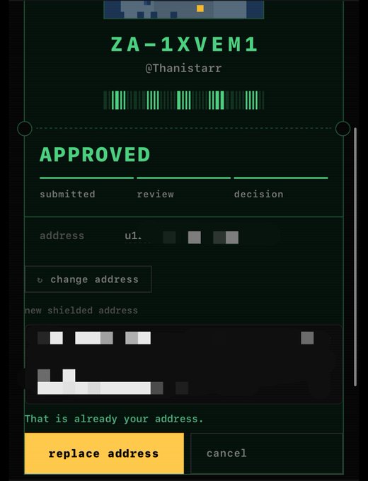 A dark-themed digital interface showing an approved status for 'ZA-1XVEM1' with a message stating 'That is already your address.' and options to replace or cancel.