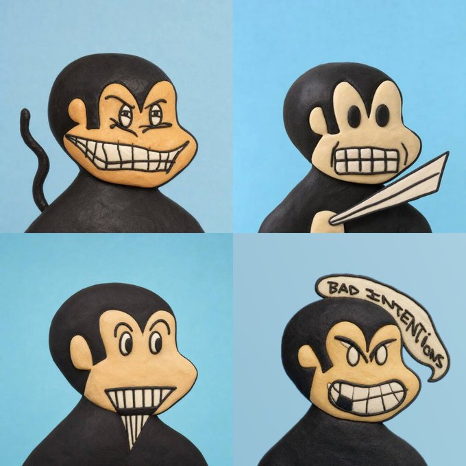 Four panels of a cartoon monkey character with different facial expressions including a sinister grin, holding a blade, smiling with a toothy grin, and looking angry with a speech bubble reading 'BAD INTENTIONS'.