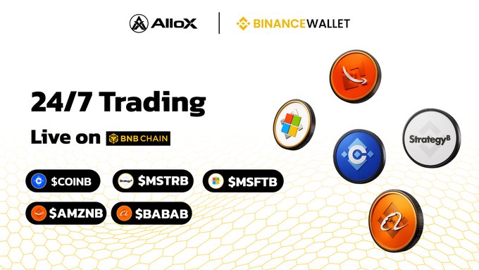 Binance Wallet and AlloX promotional graphic announcing '24/7 Trading Live on BNB CHAIN' featuring tokens like $COINB, $MSTRB, $MSFTB, $AMZN B, and $BABAB with their respective coin logos.