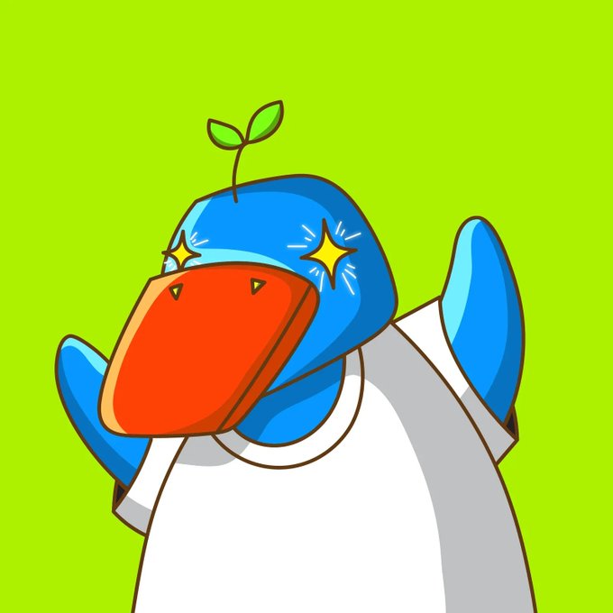 A cartoon illustration of a blue bird character with an orange beak wearing a white shirt and sporting sparkly eyes and a green sprout on its head, set against a bright green background.