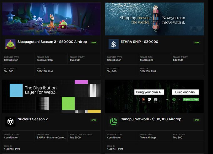 A screenshot displaying four cryptocurrency airdrop campaigns: 'Sleepagotchi Season 2 - $50,000 Airdrop', 'ETHRA SHIP - $30,000', 'Nucleus Season 2', and 'Canopy Network - $100,000 Airdrop'.
