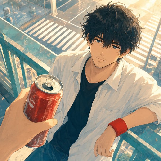 Anime-style illustration of a young man with messy black hair holding a red soda can on a balcony overlooking a city street.