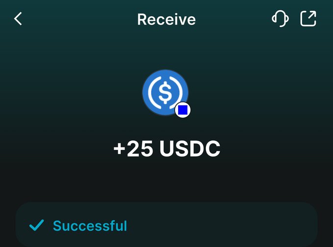 A cryptocurrency wallet 'Receive' screen showing a successful transaction of '+25 USDC' on a USDC logo.
