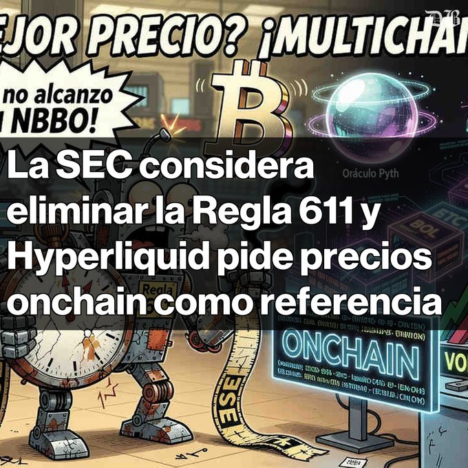A Spanish-language crypto news graphic featuring a Bitcoin symbol and onchain data visuals with text reading 'La SEC considera eliminar la Regla 611 y Hyperliquid pide precios onchain como referencia'.